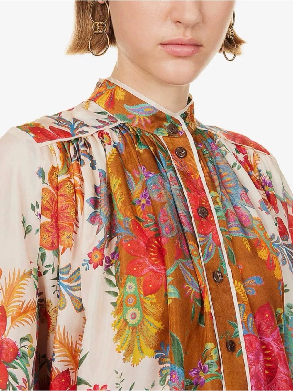 Zimmermann Floral Button-Front Mandarin-Collar Ginger Relaxed Blouse-100% Silk